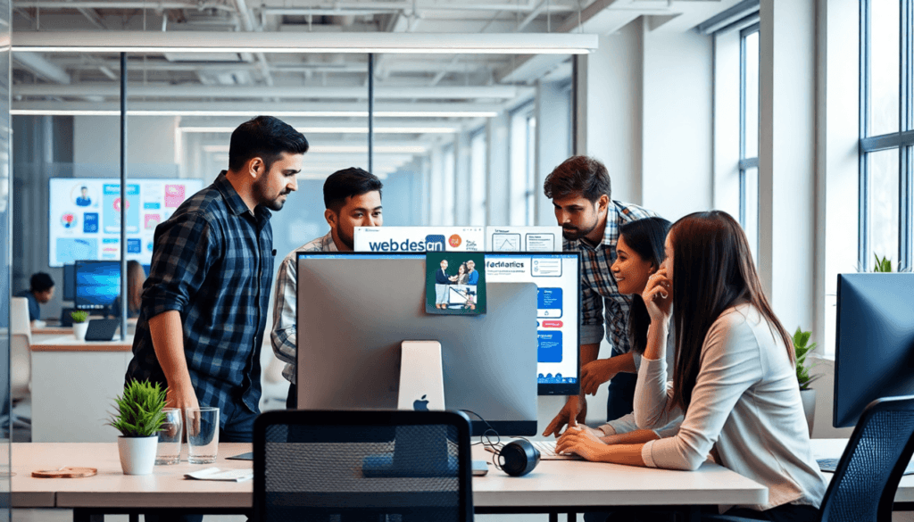 Team samarbejder omkring en computer i et moderne kontor, skærme viser webdesign og digitale marketingkoncepter, som symboliserer teamwork.