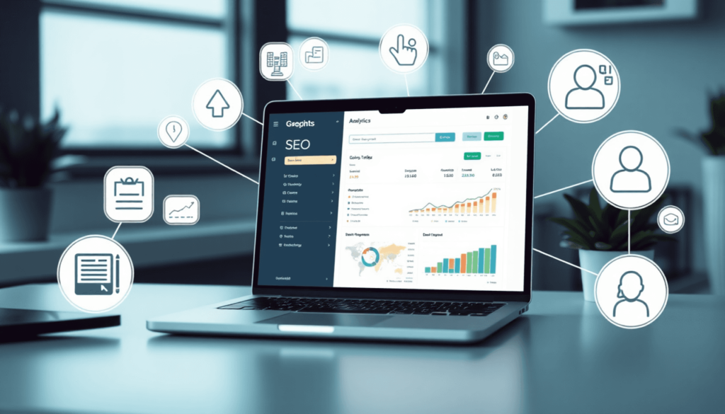 Bærbar computer, der viser SEO-analyse og SaaS-grænseflade, omgivet af ikoner for søgemaskiner, trafik, demoanmodninger og køberpersonas i et moder...