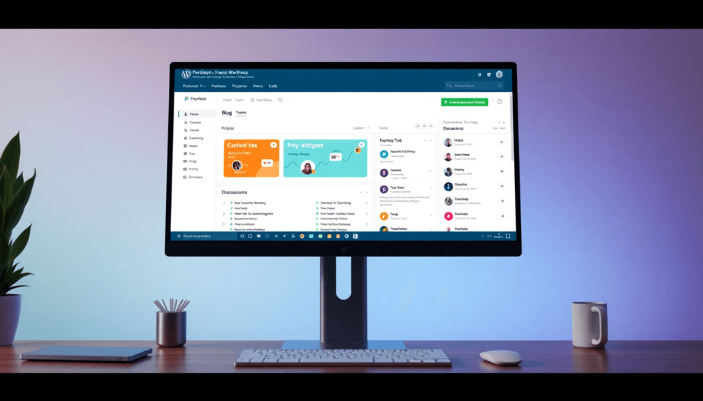Computer skærm, der viser et WordPress-dashboard med projektstyringsværktøjer, herunder milepæle, fejlfinding og diskussionstråde i et rent, livlig...