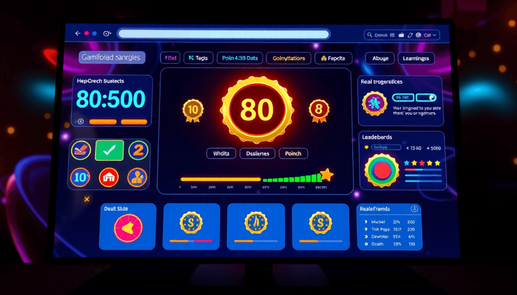Digitalt interface med farverige punktstællere, glinsende badges, fremdriftslinjer og pointtavler på en moderne websteds skærm, der viser brugereng...