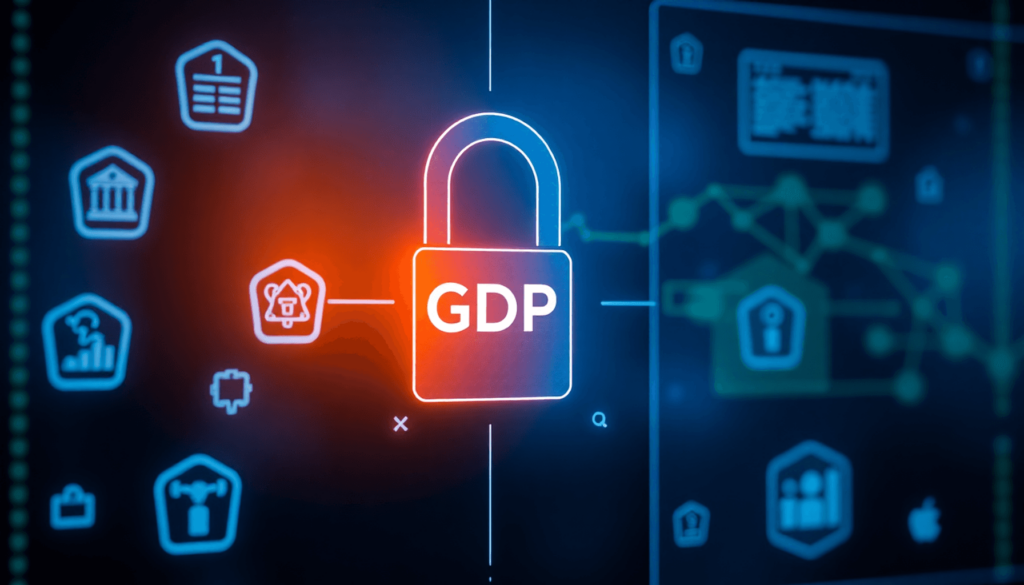 En lysende digital lås på en gennemsigtig skærm med dataikoner og en brugervenlig grænseflade, der symboliserer GDPR-overholdelse og databeskyttelse.