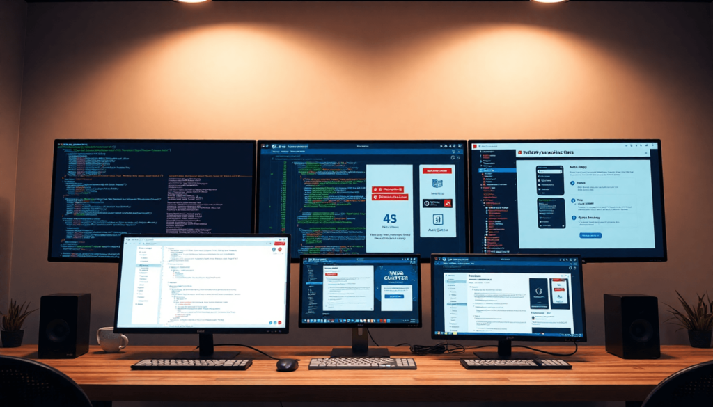 Et moderne arbejdsområde med flere skærme, der viser kode, API-forbindelser og indholdsstyringsgrænseflader, der repræsenterer headless CMS og omni...