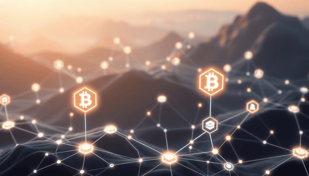 Futuristisk digitalt landskab med blockchain-symboler, lysende netværksnoder og ikoner for NFTs, DAOs og DeFi i et slankt, moderne design.