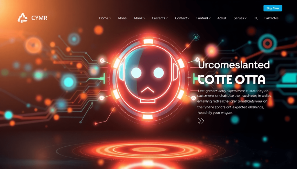 Futuristisk websideinterface med et lysende chatbotikon, digitale AI-elementer og abstrakte datastrømme, der repræsenterer avanceret kundeservicein...