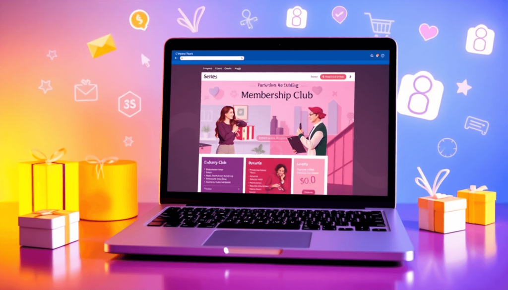 Laptop viser medlemsklubwebside med ikoner for rabatter, abonnementskasser og loyalitetsbelønninger, der repræsenterer vækst inden for e-handel og ...
