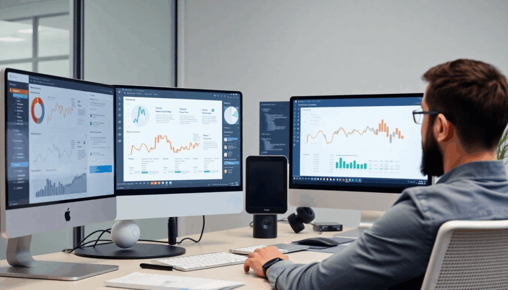 En UX-designer analyserer brugerrejsekort og datadiagrammer på flere skærme i et moderne, rent digitalt arbejdsområde.