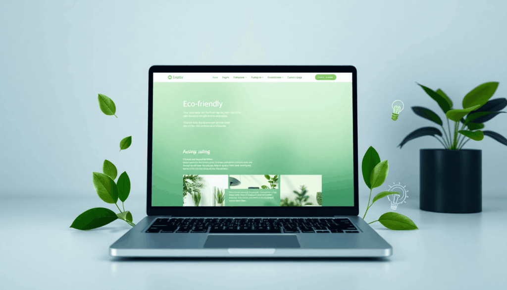 Laptop viser en miljøvenlig webdesign med grønne blade og energibesparende ikoner omkring, der symboliserer bæredygtig webudvikling.