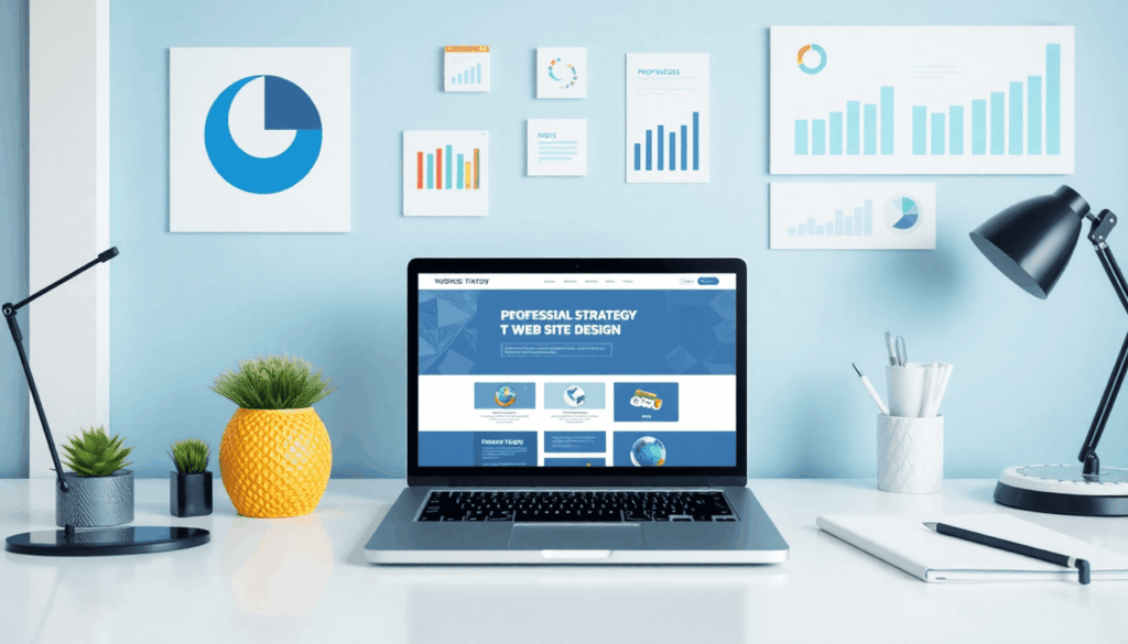 Moderne arbejdsplads med bærbar computer, der viser webdesign, omgivet af diagrammer og grafer, der symboliserer digital strategi for forretningsvæ...