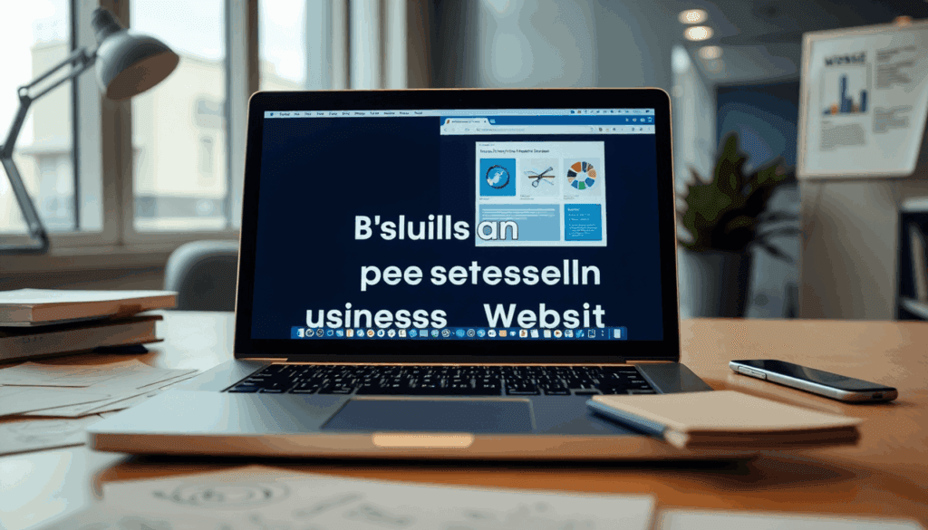 Moderne kontorbord med bærbar computer, der viser webdesign, omgivet af noter og skitser, der illustrerer udfordringerne ved at opbygge en professi...