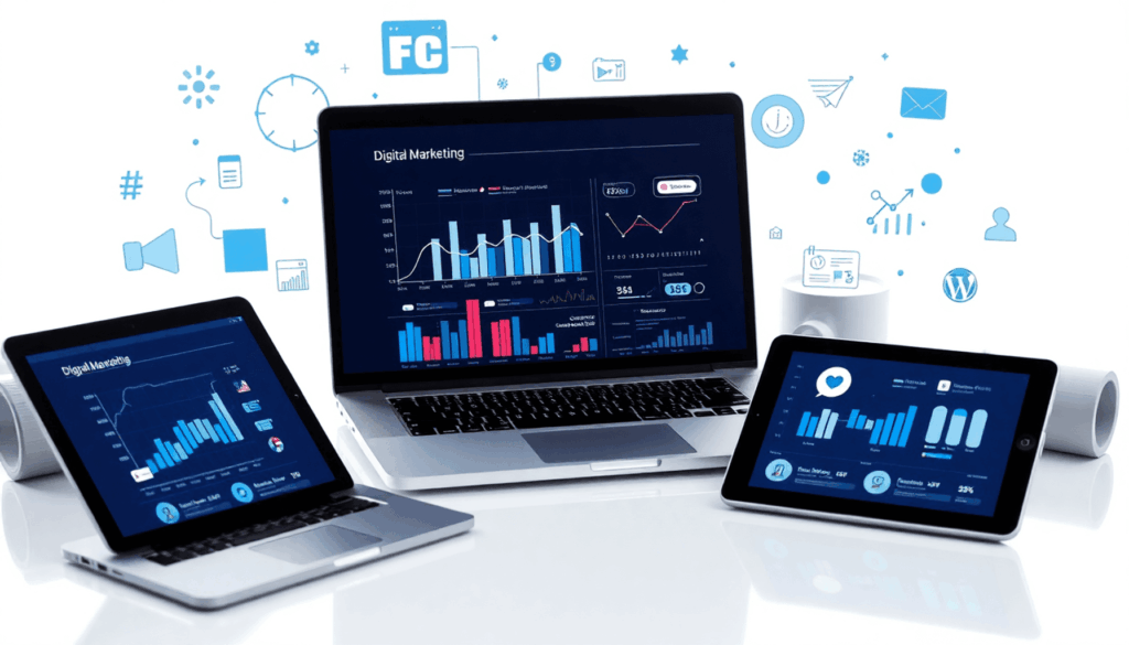 Slank bærbar computer, smartphone og tablet, der viser grafer og sociale medieikoner med abstrakte digitale elementer på en lys baggrund.