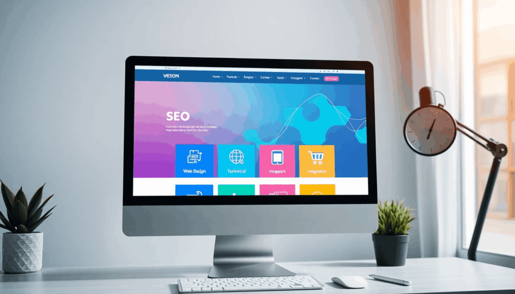 Slank computerskærm, der viser et levende websted med ikoner til SEO, webdesign, support og e-handel i et moderne digitalt arbejdsområde.