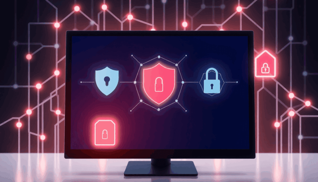Slank computerskærm med cybersikkerhedsikoner, lysende netværksforbindelser og en subtil firewall-grafik, der symboliserer digital beskyttelse.