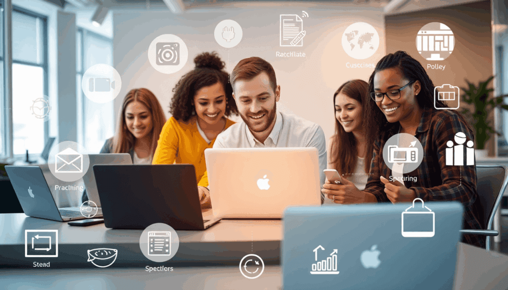 Team samarbejder i et moderne kontor med bærbare computere, omgivet af digitale ikoner for webudvikling, marketing og specialiseringskoncepter.