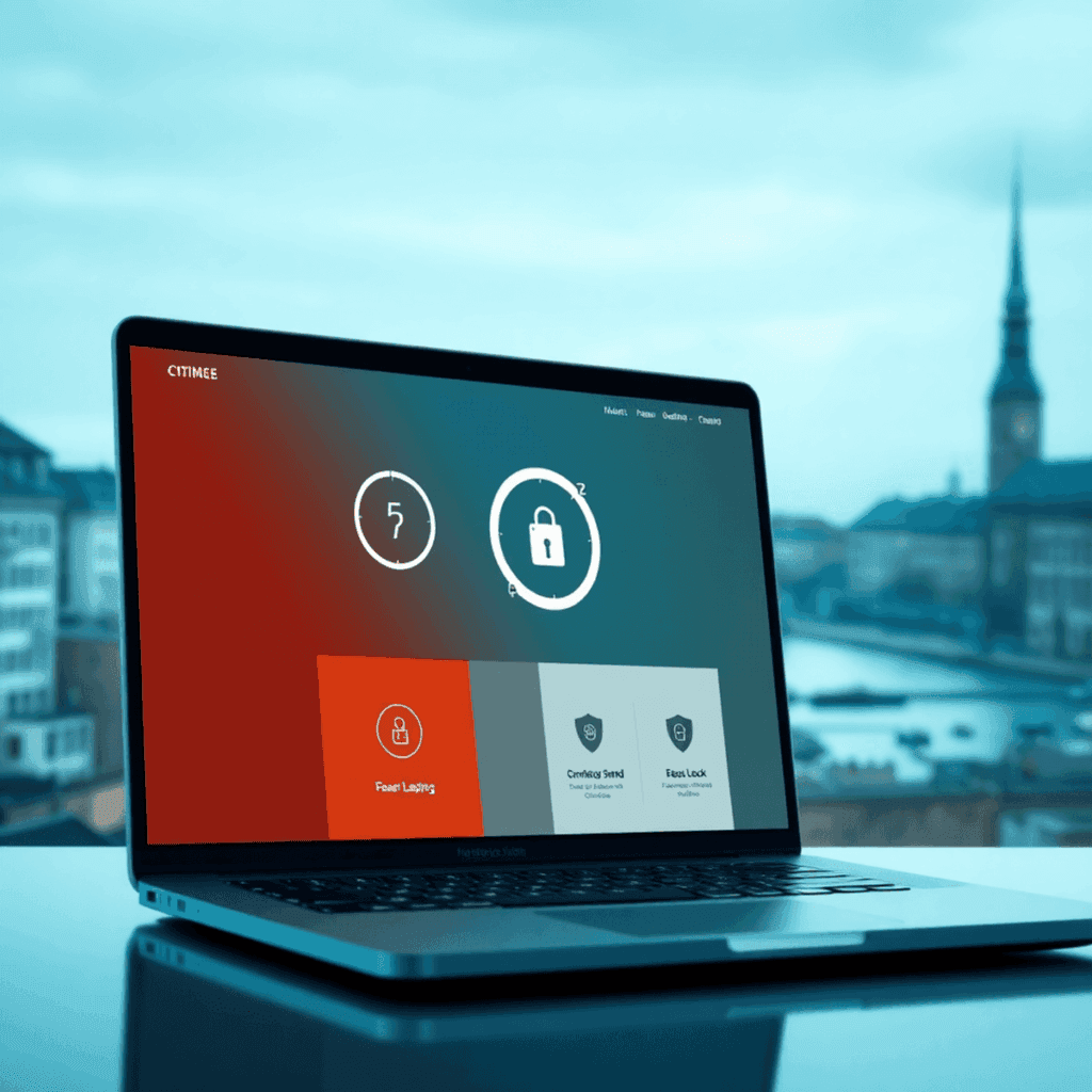 En moderne bærbar computer viser et hurtigt website med hastighedsmåler- og låseikoner, sat mod en byudsigt over København med digitale netværksele...