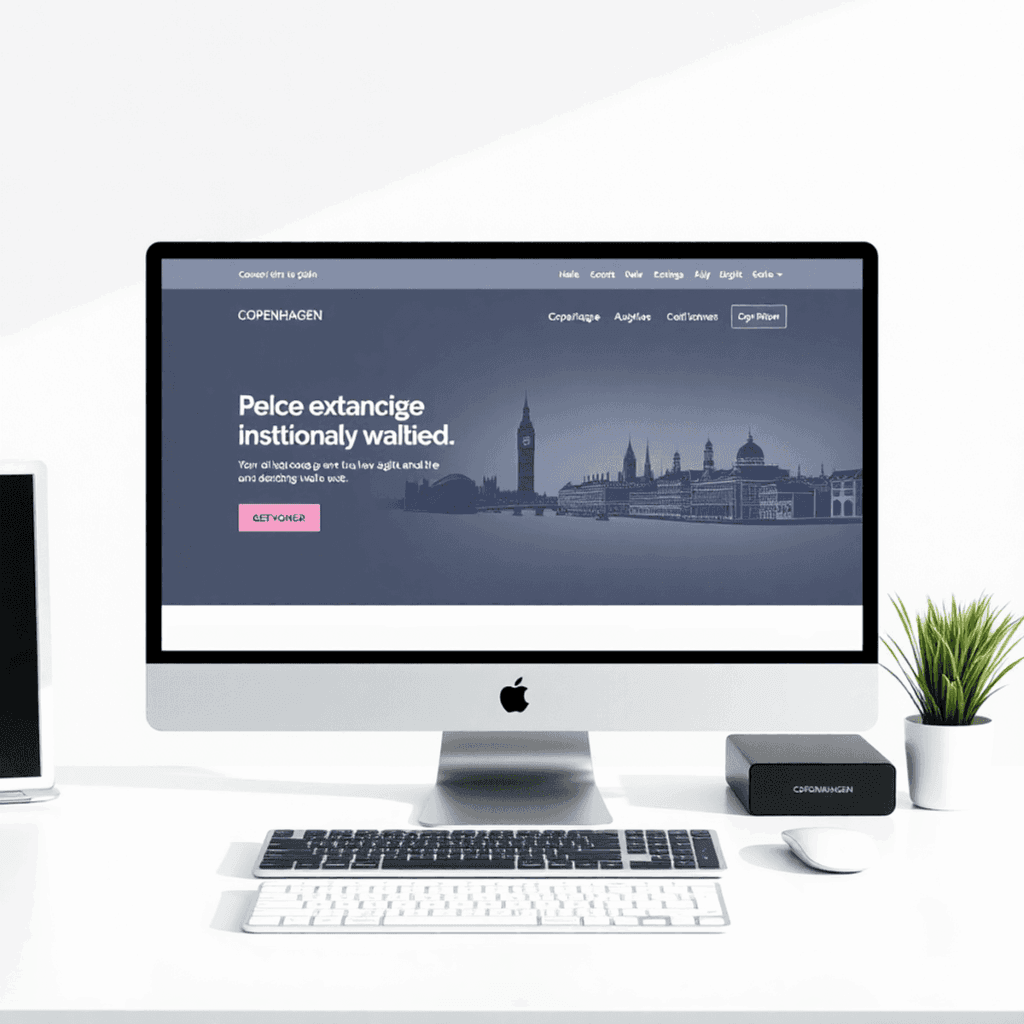 Moderne arbejdsplads med computer, der viser en elegant hjemmeside, minimalistisk København skyline i baggrunden, fremhæver lokal digital ekspertis...