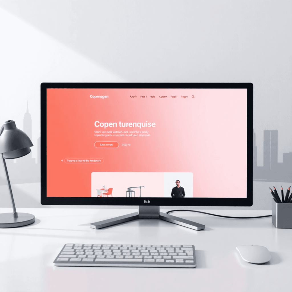 Moderne arbejdsplads med en computer, der viser en farverig hjemmeside, minimalistisk København skyline i baggrunden, lys og ren design, der fremhæ...