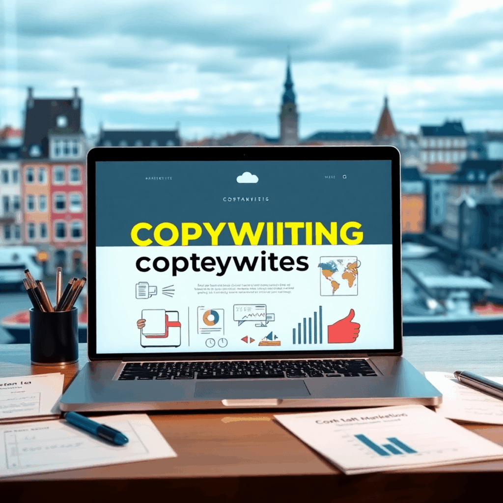 Moderne digital arbejdsplads med en bærbar computer, der viser marketingkoncepter, omgivet af noter og diagrammer, med en livlig byudsigt over Købe...