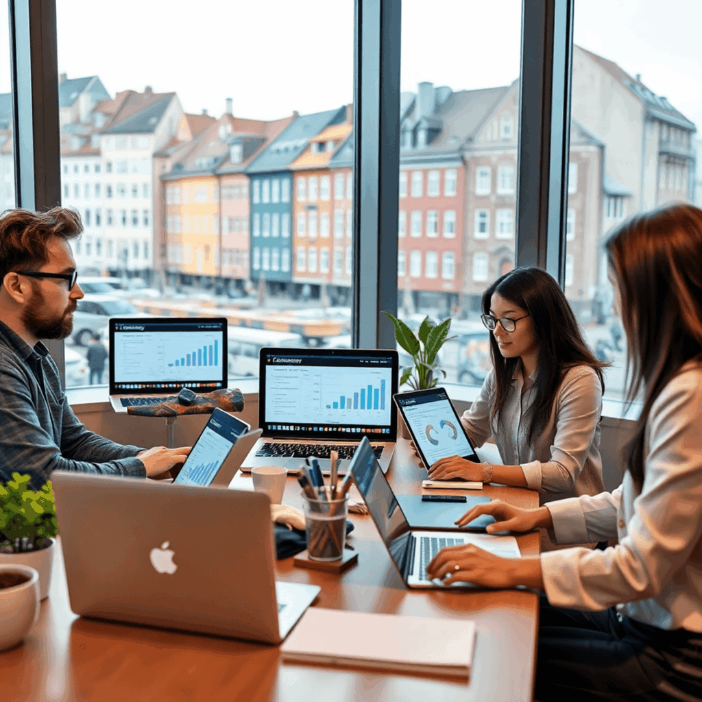 Team samarbejder om digital branding i et moderne kontor med bærbare computere, marketingdiagrammer og København-arkitektur i baggrunden.