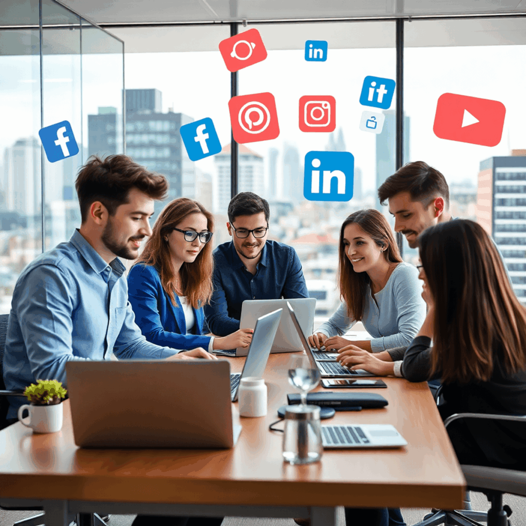 Unge professionelle, der samarbejder på bærbare computere, med sociale medieikoner svævende omkring, sat mod en livlig baggrund fra København i et ...
