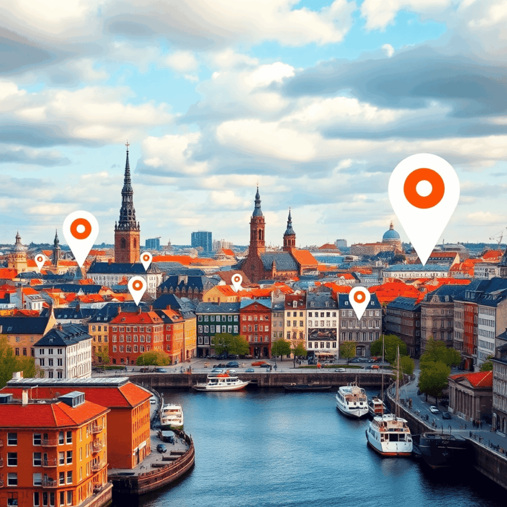 Bybillede af København med vartegn markeret med digitale kortnåle og søgeikoner, der fremhæver lokale virksomheder for SEO og online synlighed.