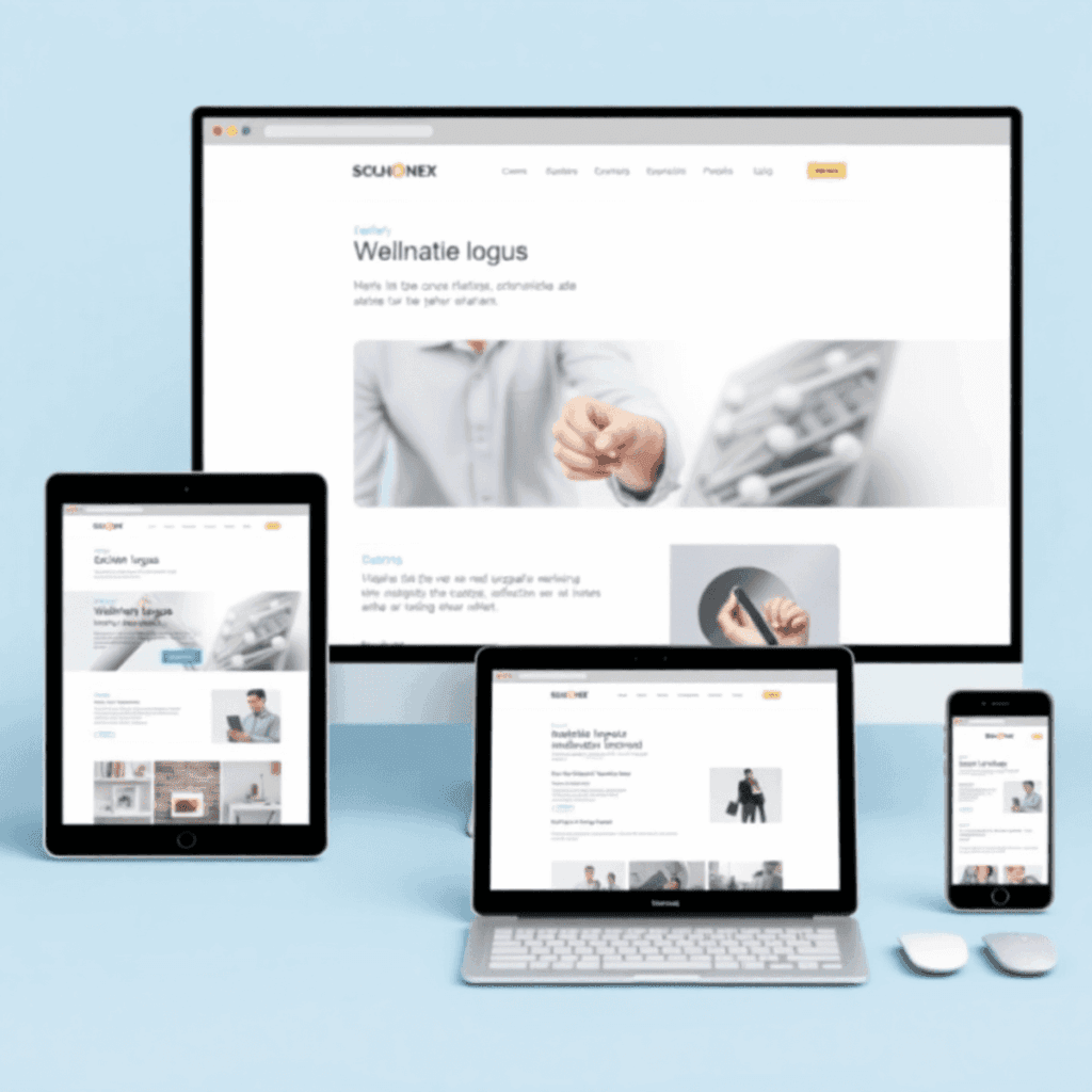 Et moderne digitalt arbejdsområde med desktop, tablet og smartphone, der viser et responsivt websted i en lys, ren og professionel stil.