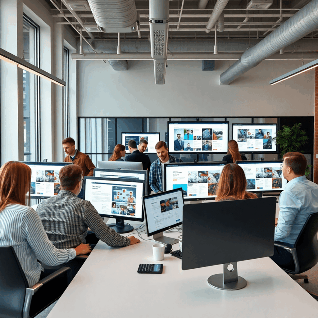 Et moderne kontor med et team af webdesignere, der samarbejder om layout til hjemmesider, vist på flere computerskærme.