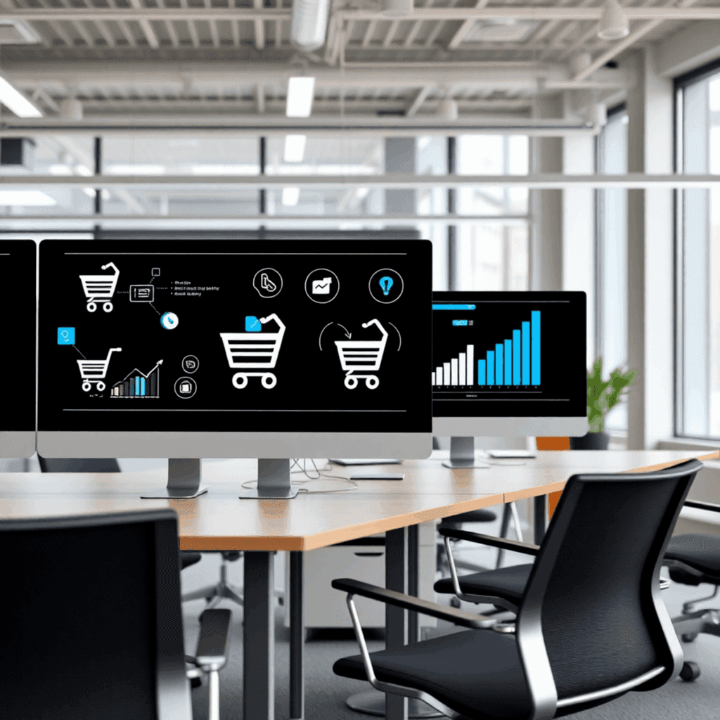Lys moderne kontor med computerskærme, der viser ikoner for digital marketing som indkøbsvogne, SEO-diagrammer og elementer til webdesign i en prof...