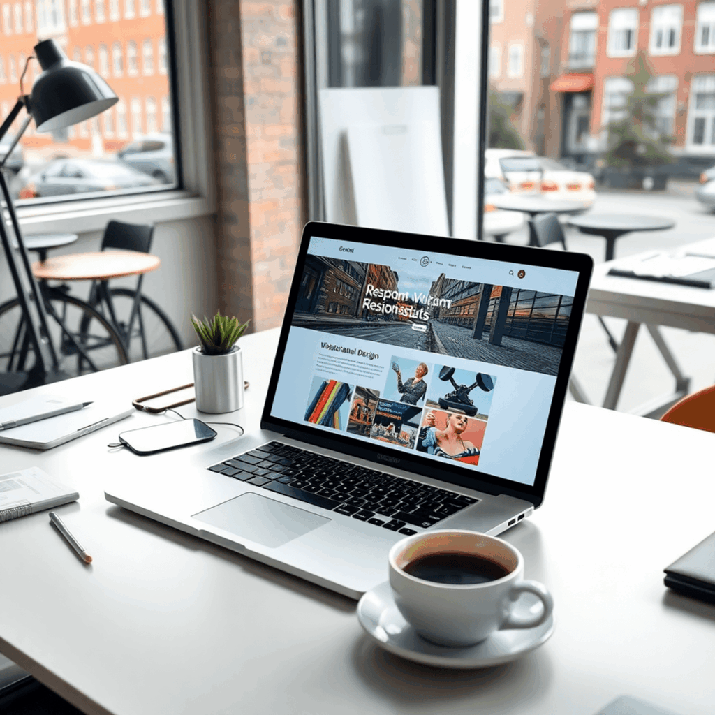 Moderne arbejdsplads i København med bærbar computer, der viser en livlig hjemmeside, digitale designværktøjer, kaffe og urbane danske elementer i ...