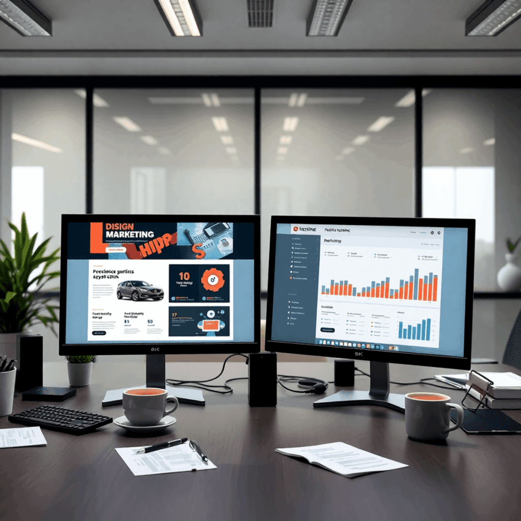 Moderne kontorarbejdsplads med duale skærme, der viser webdesign og marketinganalyser, omgivet af noter og kaffe, som repræsenterer et professionel...