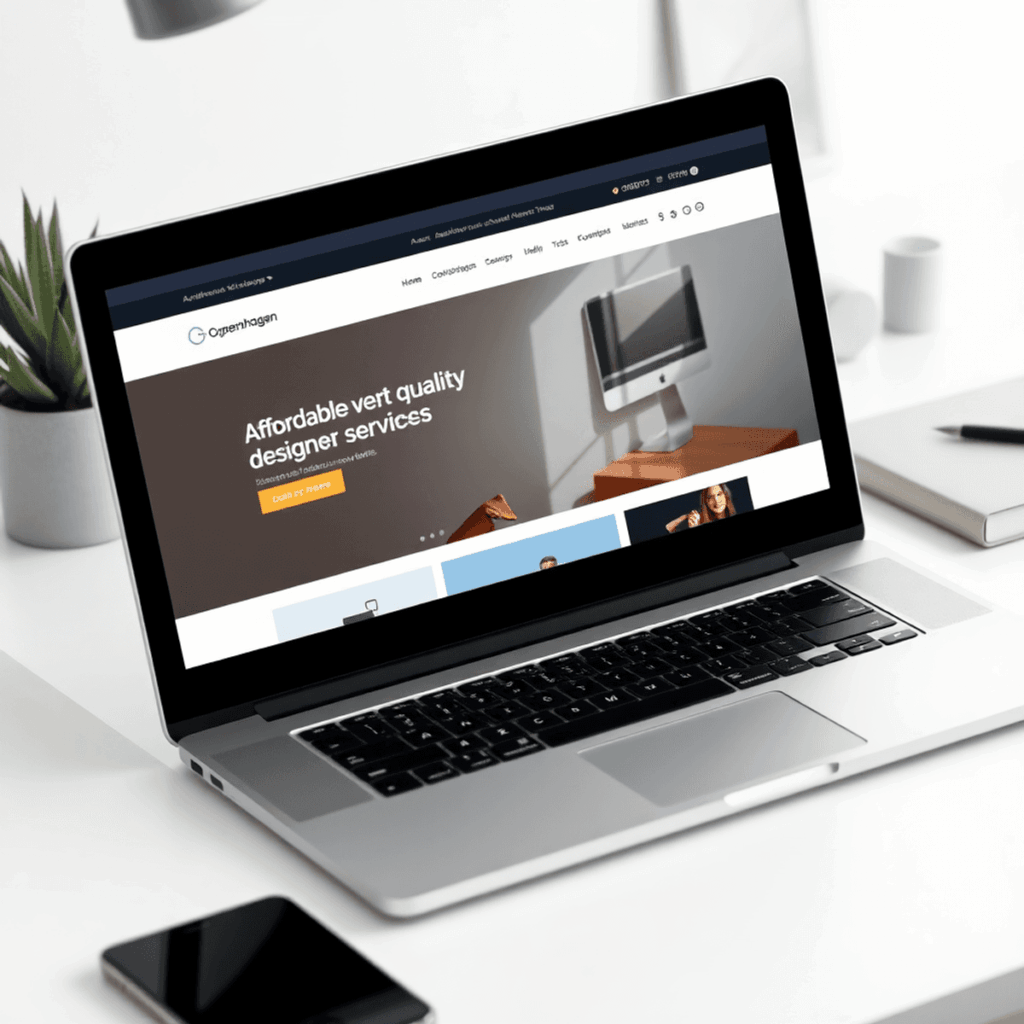 Slank bærbar computer på et rent skrivebord, der viser en professionel hjemmeside med minimalistisk indretning, som repræsenterer overkommelige web...