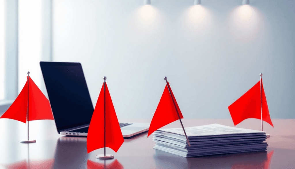 Abstrakt arbejdsplads med røde flag nær bærbar computer og dokumenter, der symboliserer forsigtighed i forretningsbeslutninger, placeret i et rent,...