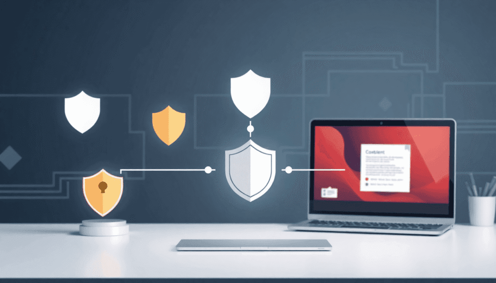 Digital arbejdsplads, der viser dataflow mellem en sikker server og browsere med skjold- og fluebenikoner, placeret på en ren, teknologisk inspirer...