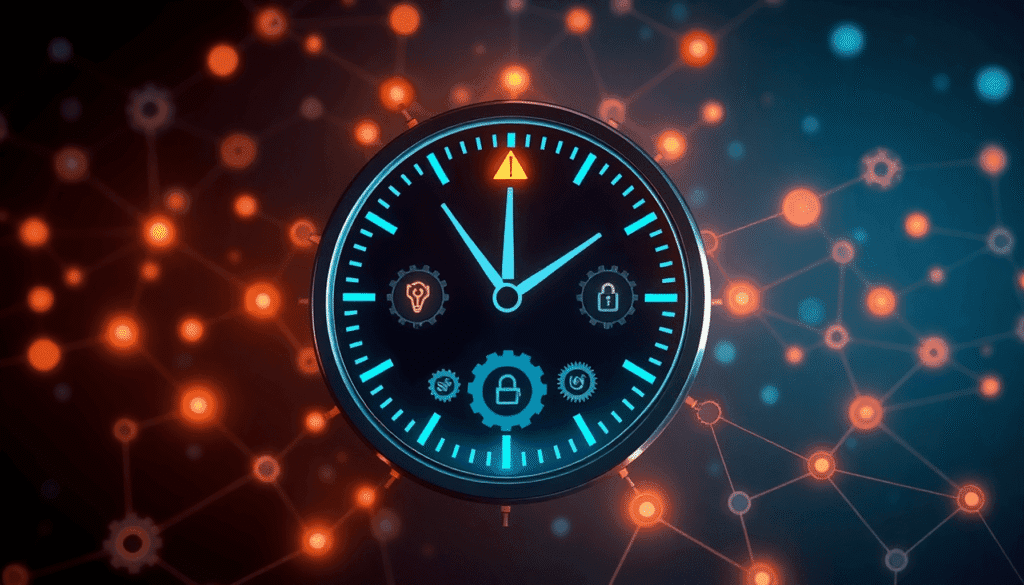 Digitalur med lysende gear og advarselsikoner, omgivet af sammenkoblede noder på en mørk baggrund med blå og orange højdepunkter.