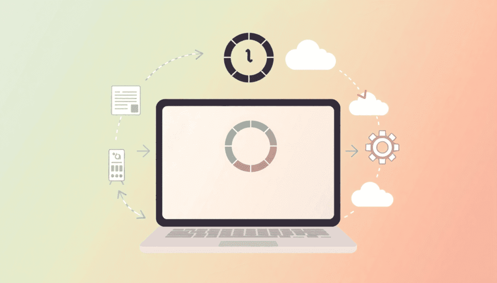 En bærbar computer med en indlæsningsspinner ovenfor, omgivet af ikoner af kodeklammer, servertårne, gear og skyer på en gradientbaggrund med pile,...