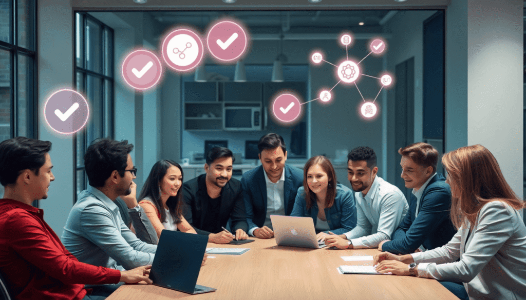 En gruppe af fagfolk, der samarbejder omkring et bord med lysende ikoner af flueben og sammenkoblede noder, der symboliserer konceptet brugeropleve...