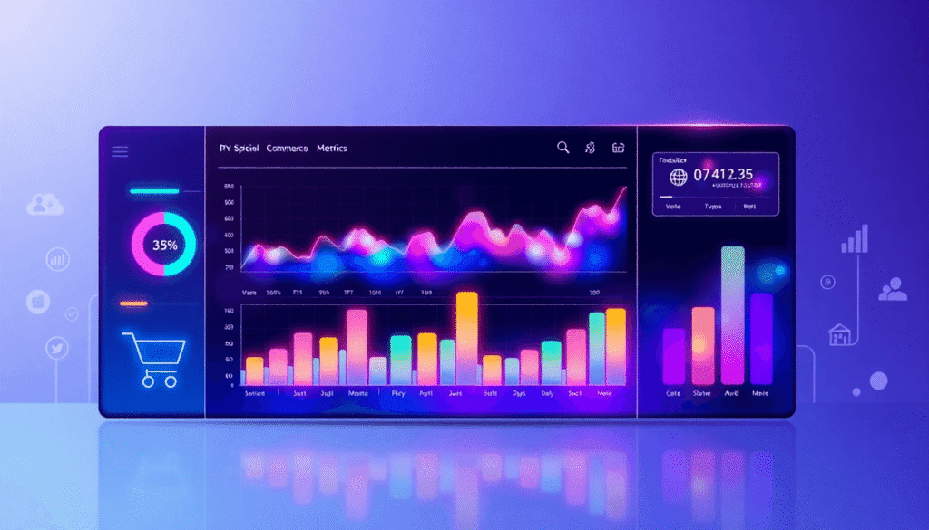 En livlig digital dashboard med farverige abstrakte grafer og ikoner til e-handel, marketing og dataanalyse på en slank futuristisk baggrund.