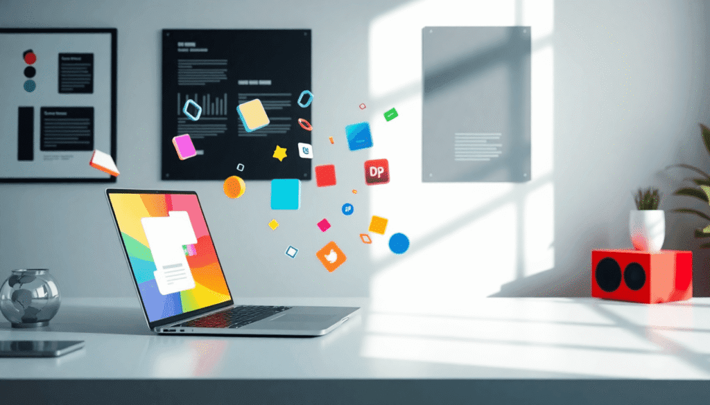 En lys moderne arbejdsplads med en bærbar computer, der viser farverige abstrakte UI-komponenter, der svæver rundt og fremhæver kreativitet og digi...