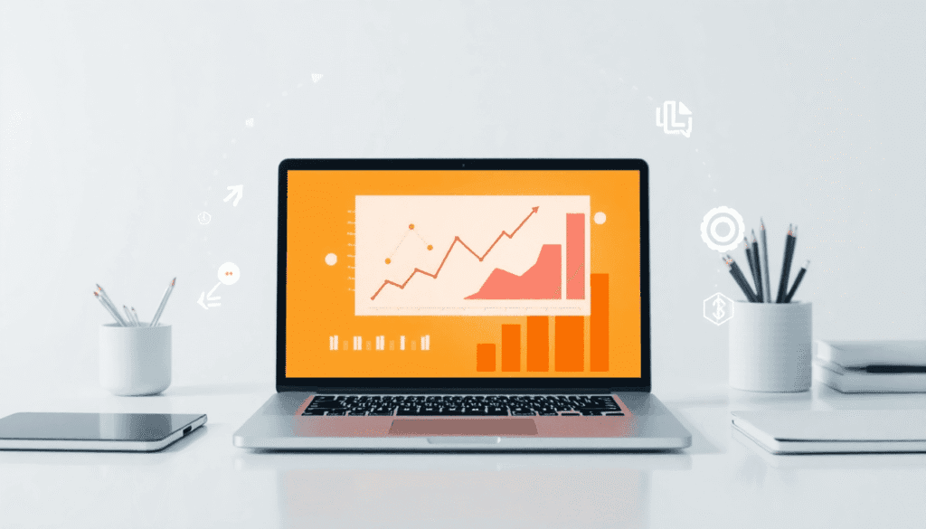 En moderne arbejdsplads med en bærbar computer, der viser abstrakte datadiagrammer, omgivet af ikoner for digital markedsføring og vækstsymboer i l...