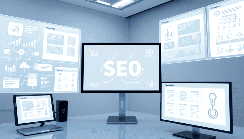 En moderne digital arbejdsplads med gennemsigtige skærme, der viser abstrakte webstedsstrukturer, flowcharts og SEO-ikoner i lyse, rene farver.