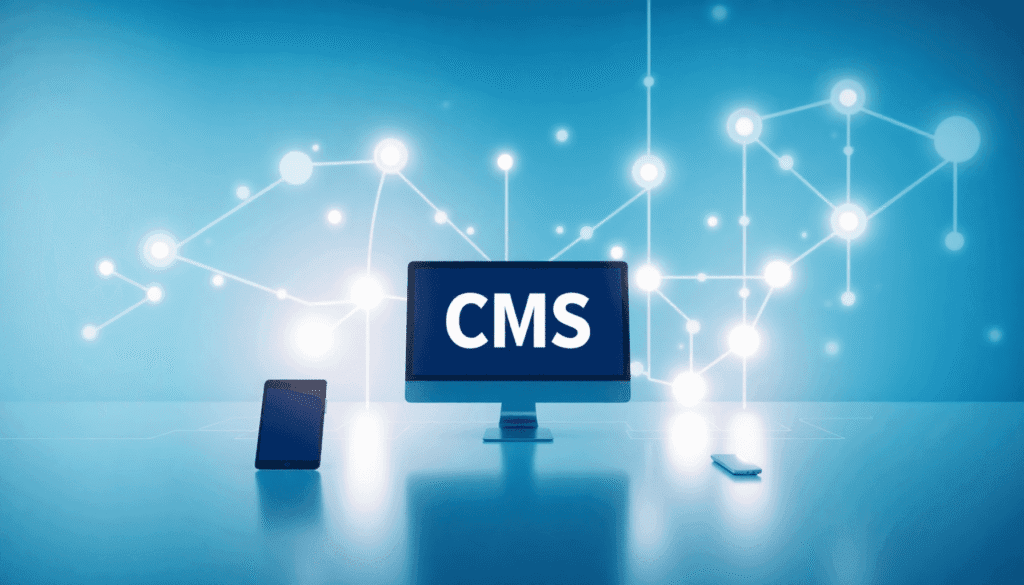 En slank digital arbejdsplads med abstrakte noder og lysende linjer, der forbinder ikonerne for en smartphone, tablet og desktop i blå og hvide nua...