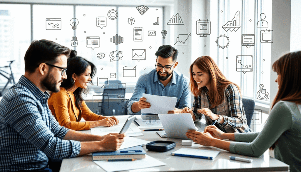 Et lyst moderne arbejdsmiljø med professionelle, der samarbejder om enheder og skitser, omgivet af ikoner for webdesign, SEO, UX, analyse og tilgæn...