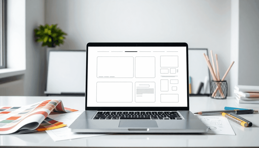 Et lyst, moderne arbejdsområde med en bærbar computer, der viser wireframes, omgivet af farveprøver og skitser, som symboliserer webudviklingsproce...