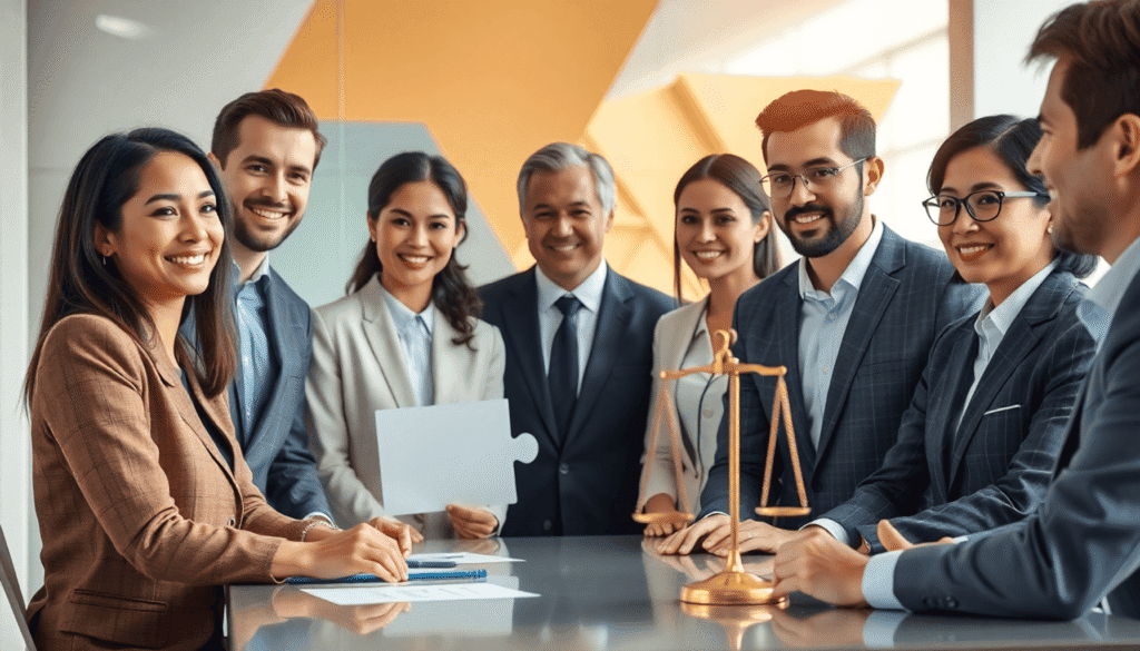 Et lyst moderne kontor med forretningsfolk, der samarbejder omkring puslespilbrikker og vægtede skalaer, som symboliserer retfærdighed, kvalitet, k...