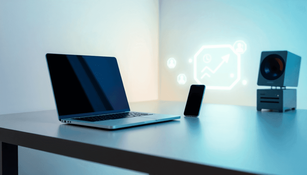 Et moderne arbejdsområde med en slank bærbar computer og smartphone på et minimalistisk skrivebord, omgivet af lysende ikoner, der symboliserer has...