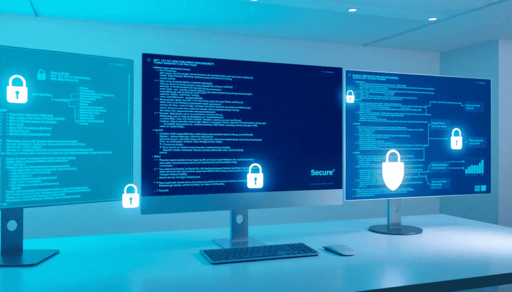 Et moderne arbejdsområde med gennemsigtige digitale skærme, der viser kode og dataflow, lysende låse og skjold, der repræsenterer sikkerhed, i køli...