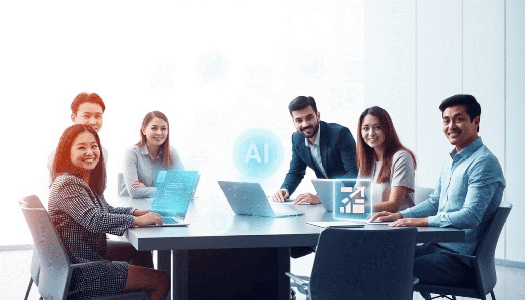 Et moderne digitalt arbejdsområde med fagfolk, der samarbejder omkring et bord, omgivet af lysende AI- og datastream-ikoner på en lys, teknologisk ...