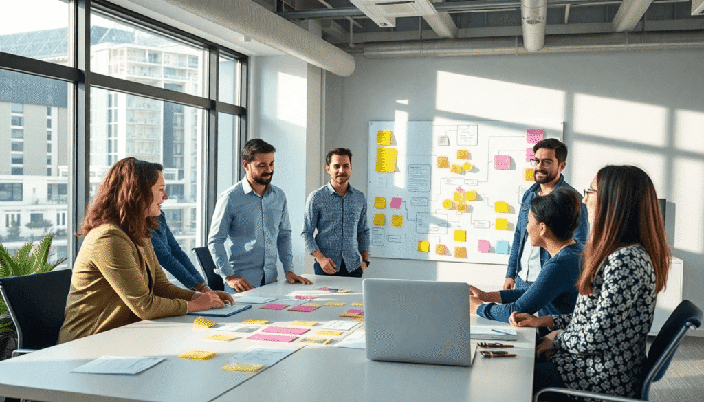 Et moderne kontor med fagfolk, der samarbejder omkring et bord, bruger farverige post-it-noter og flowcharts på gennemsigtige tavler i klart naturl...