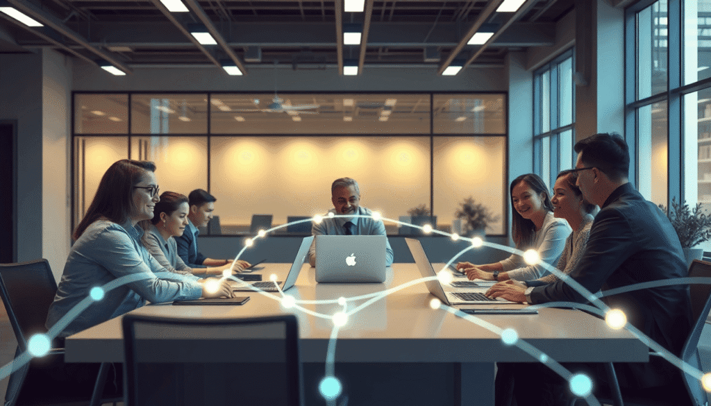 Et moderne kontor med professionelle, der samarbejder omkring et bord, omgivet af digitale enheder og lysende netværkslinjer, der symboliserer prob...