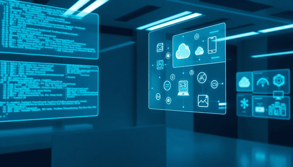 Et strømlinet arbejdsområde med gennemsigtige digitale skærme, der viser abstrakt kode og teknologiske ikoner forbundet med lysende linjer i kølige...