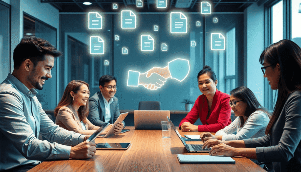 Forretningshold samarbejder omkring et bord med bærbare computere og tablets, lysende filikoner, håndtryk og skjold symboler, der repræsenterer til...